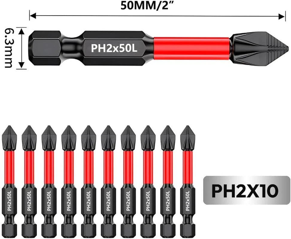 Puntas Phillips #2 Magneticas 10 Piezas Acero S2 50mm Antideslizante Impacto
