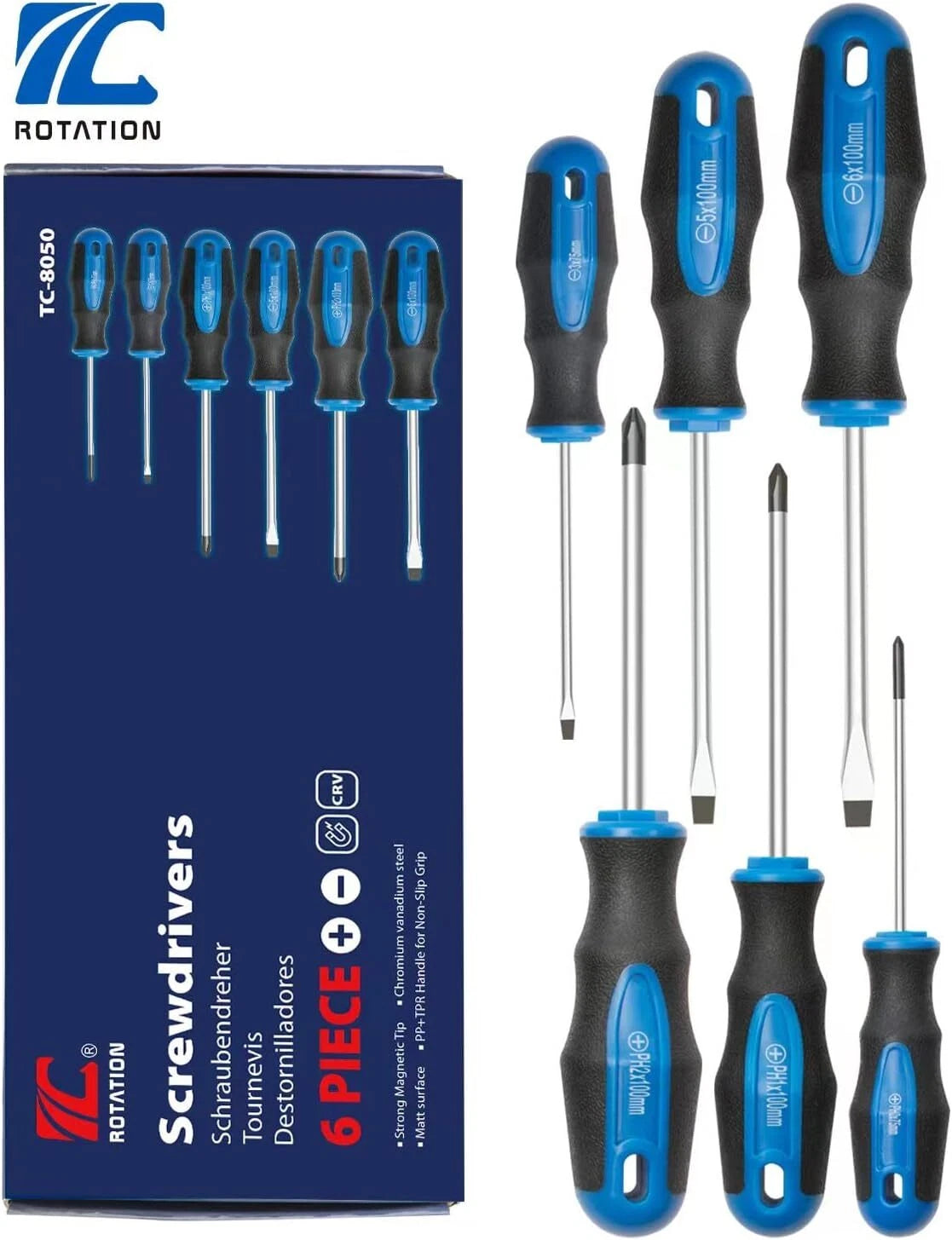 ROTATION 6PCS Magnetic Tip Screwdriver Set, 3 Phillips and 3 Flat, Professional