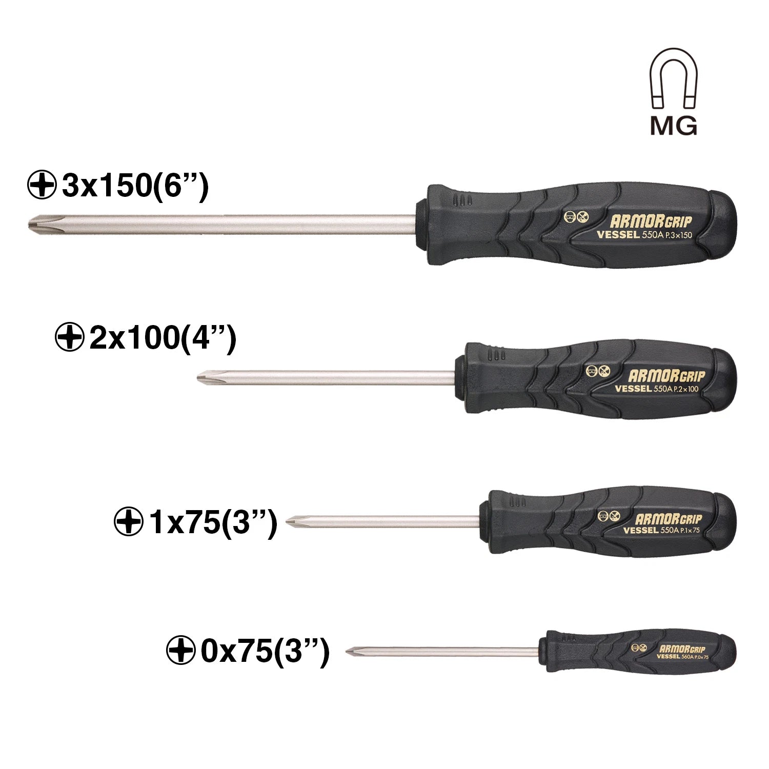 Vessel Tools 550APH4PBU ARMOR GRIP Screwdriver Set, 4 Pc.