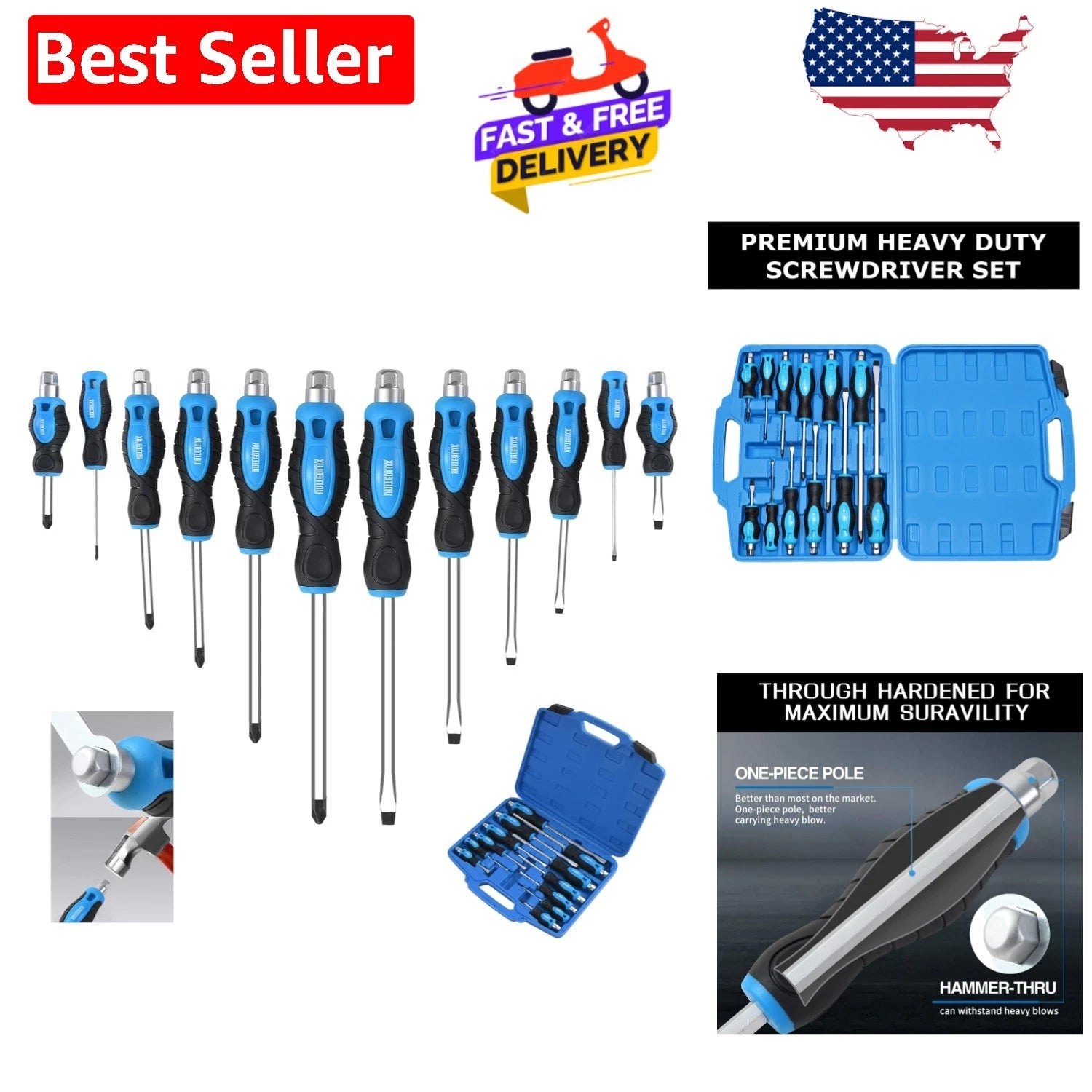Go-Thru Heavy Duty Screwdriver Set: 12-Piece Chrome Vanadium Steel Tool Kit