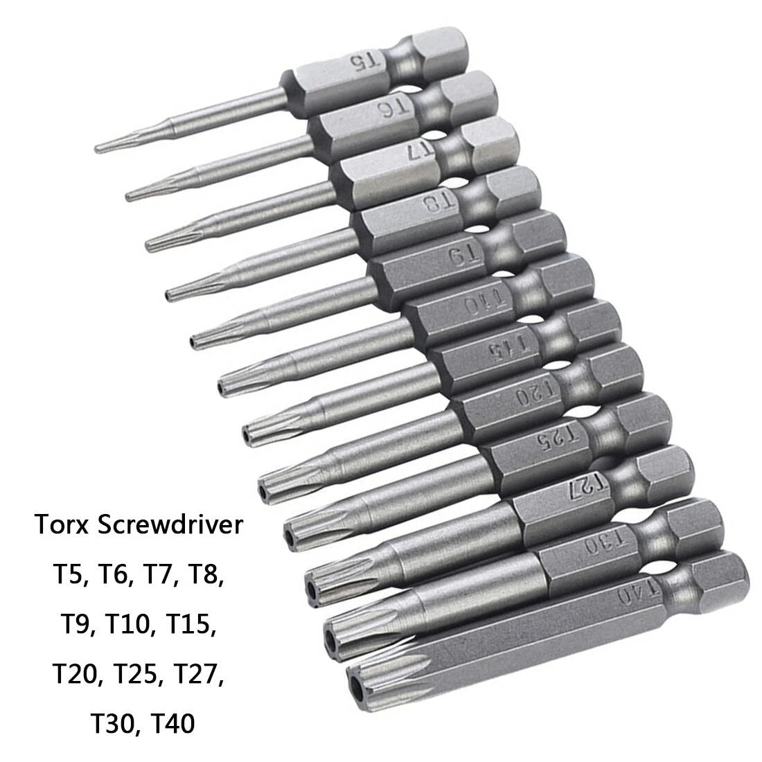 Torx Screwdriver 2"  Bit 12PCS 1/4" Hex Shank S2 steel T5-T40 Star 6 point