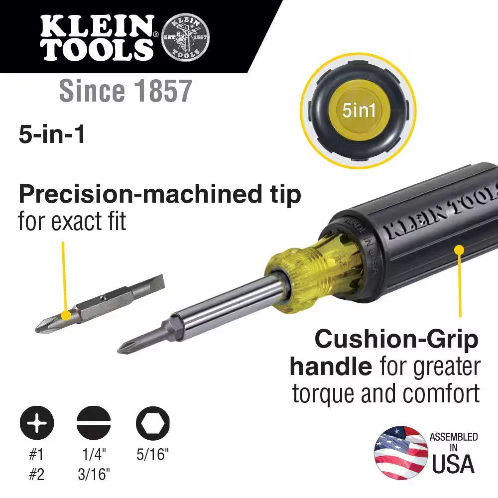 Klein Tools 32476 Multi-Bit Screwdriver / Nut Driver 5-in-1 Phillips Slotted NEW