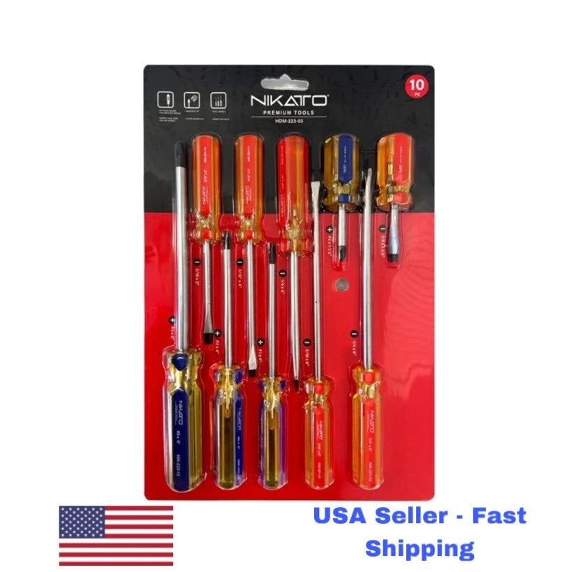 Set of 10 Screwdrivers, Flat-Phillips Tip, Magnetic, Chrome Vanadium Steel.