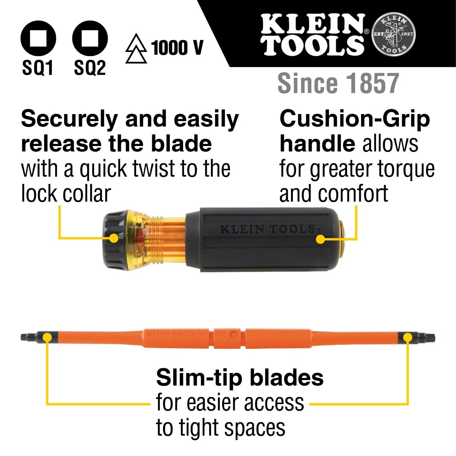 Klein Tools 32287 Flip-Blade Insulated Screwdriver, 2-in-1, Square Bit #1 and #2