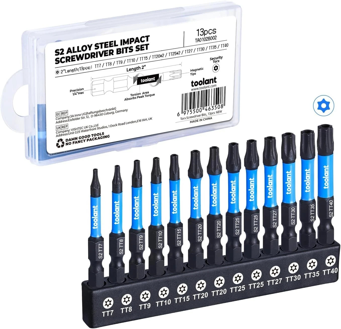 toolant 2” Impact Torx Bit Set 13pcs (TT7-TT40), 1/4” Hex-Shank 2"*13pcs