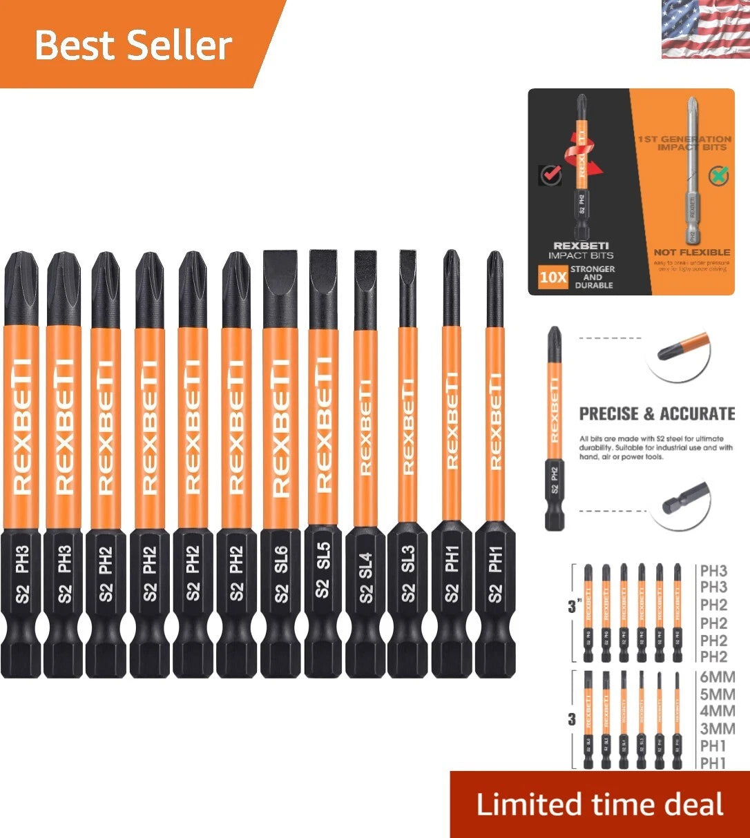 Durable 12-Piece S2 Steel Screwdriver Bit Set with Magnetic Tips - 1/4 Inch Hex