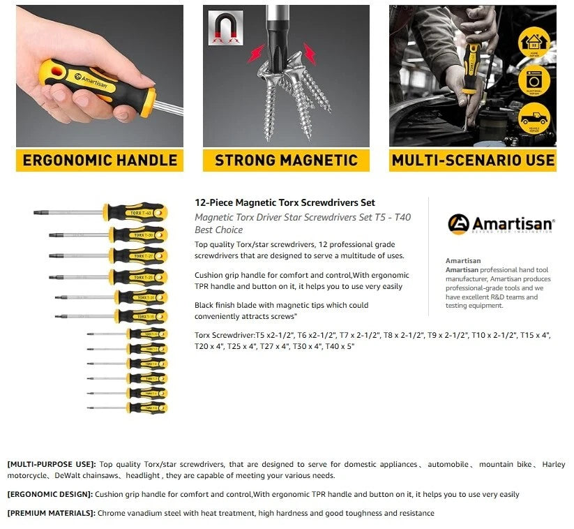 Amartisan 12-Piece Magnetic Torx Screwdrivers Set Magnetic Torx Driver Star Scr