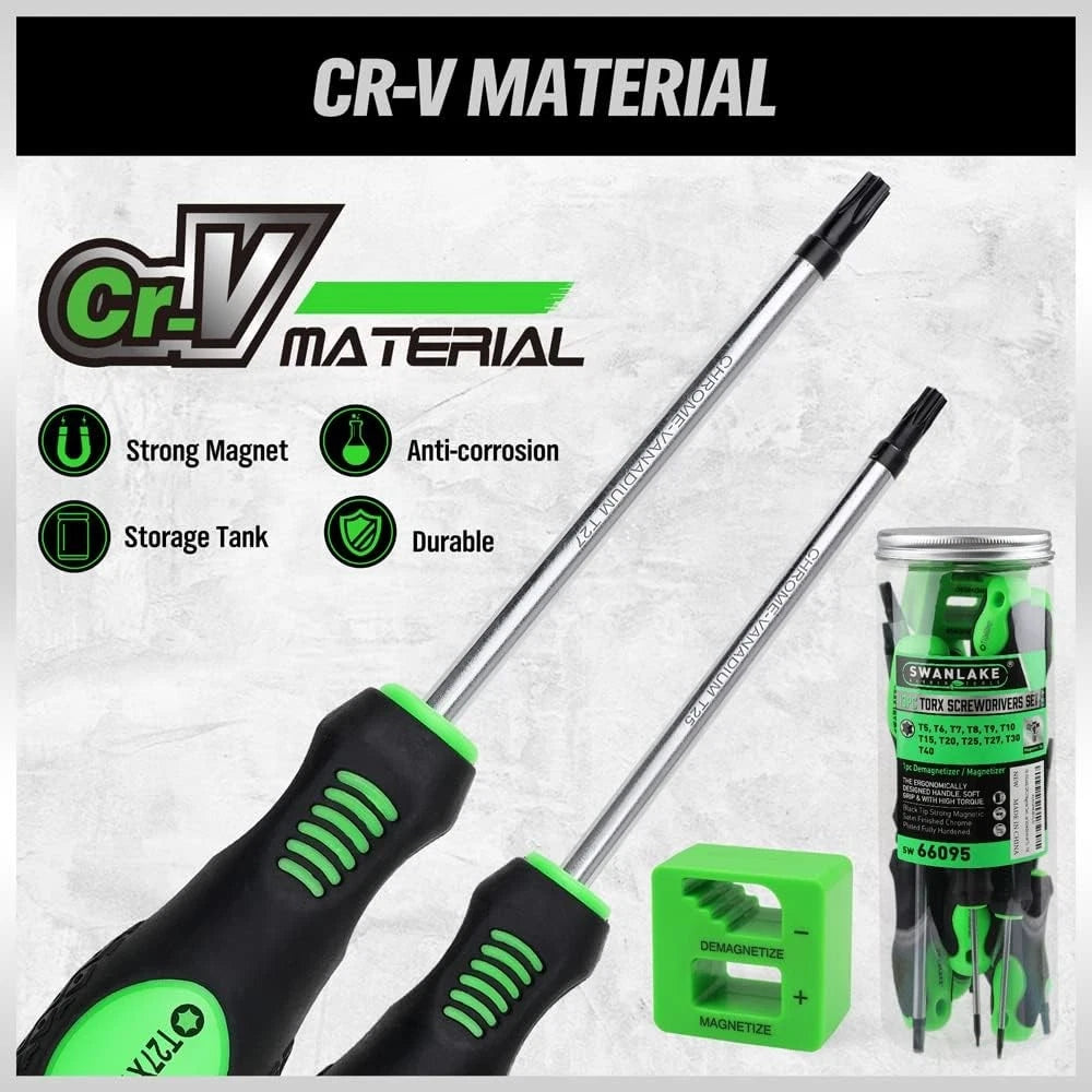 SWANLAKE Magnetic Torx Screwdriver Set - 13 Pieces - T5 to T40 Star Black