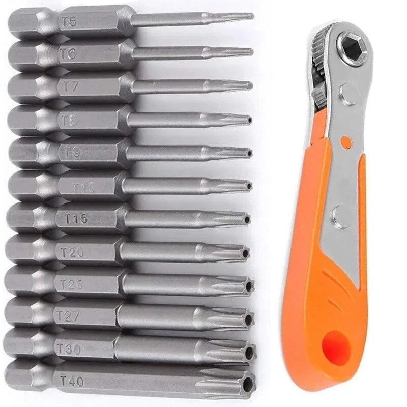 NEW Torx Bit Set w/ Ratchet Handle -13PC T6-T50 2" Bits - Perfect for Mechanics