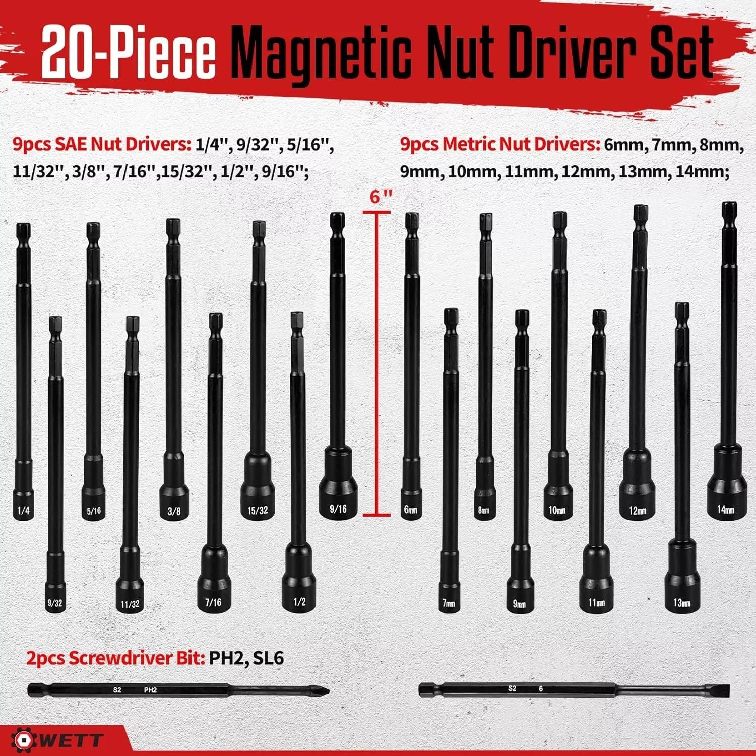 Magnetic Nut Driver Set, 20Pcs 6-Inch Long Shank Nut Drivers Bits for Impact ...