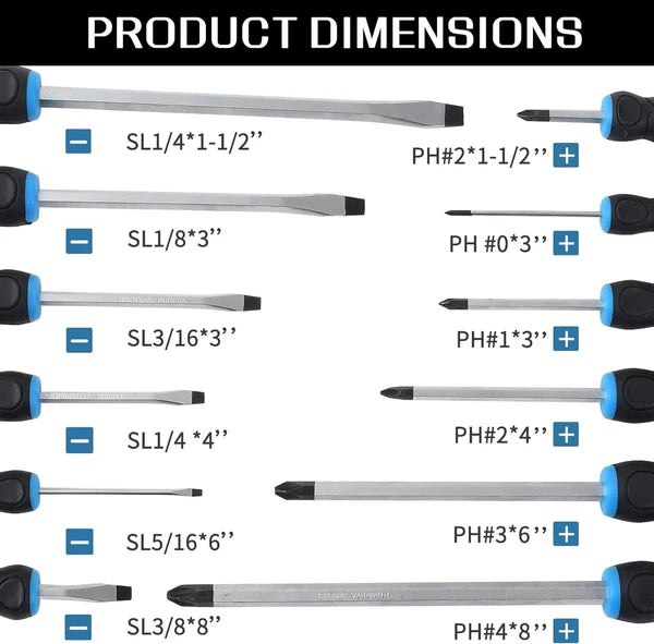 Go-Thru Heavy Duty Screwdriver Set: 12-Piece Chrome Vanadium Steel Tool Kit