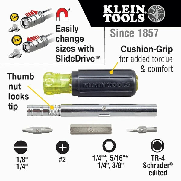 Klein Tools 32596 HVAC Slide Drive™ Multi-Bit Screwdriver / Nut Driver, 8-in-1
