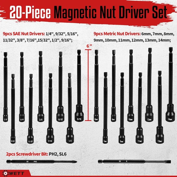 Magnetic Nut Driver Set, 20Pcs 6-Inch Long Shank Nut Drivers Bits for Impact ...