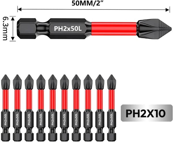 Puntas Phillips #2 Magneticas 10 Piezas Acero S2 50mm Antideslizante Impacto