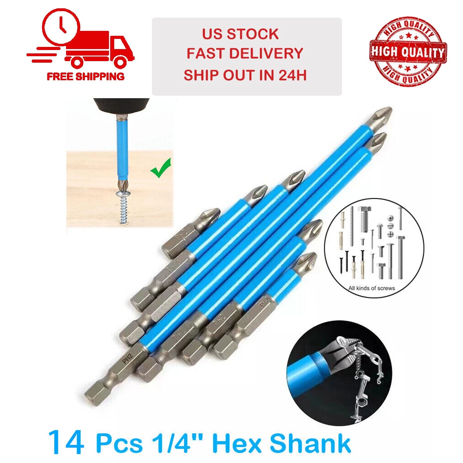 14Pcs Magnetic screwdriver bit Bits set PH2 Anti-slip Hex Shank Screw Cross Head