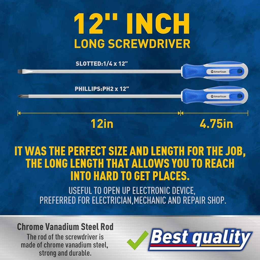 2-Pcs 12'' long Screwdriver Set, Long Blade Screwdriver Set 12-Inch