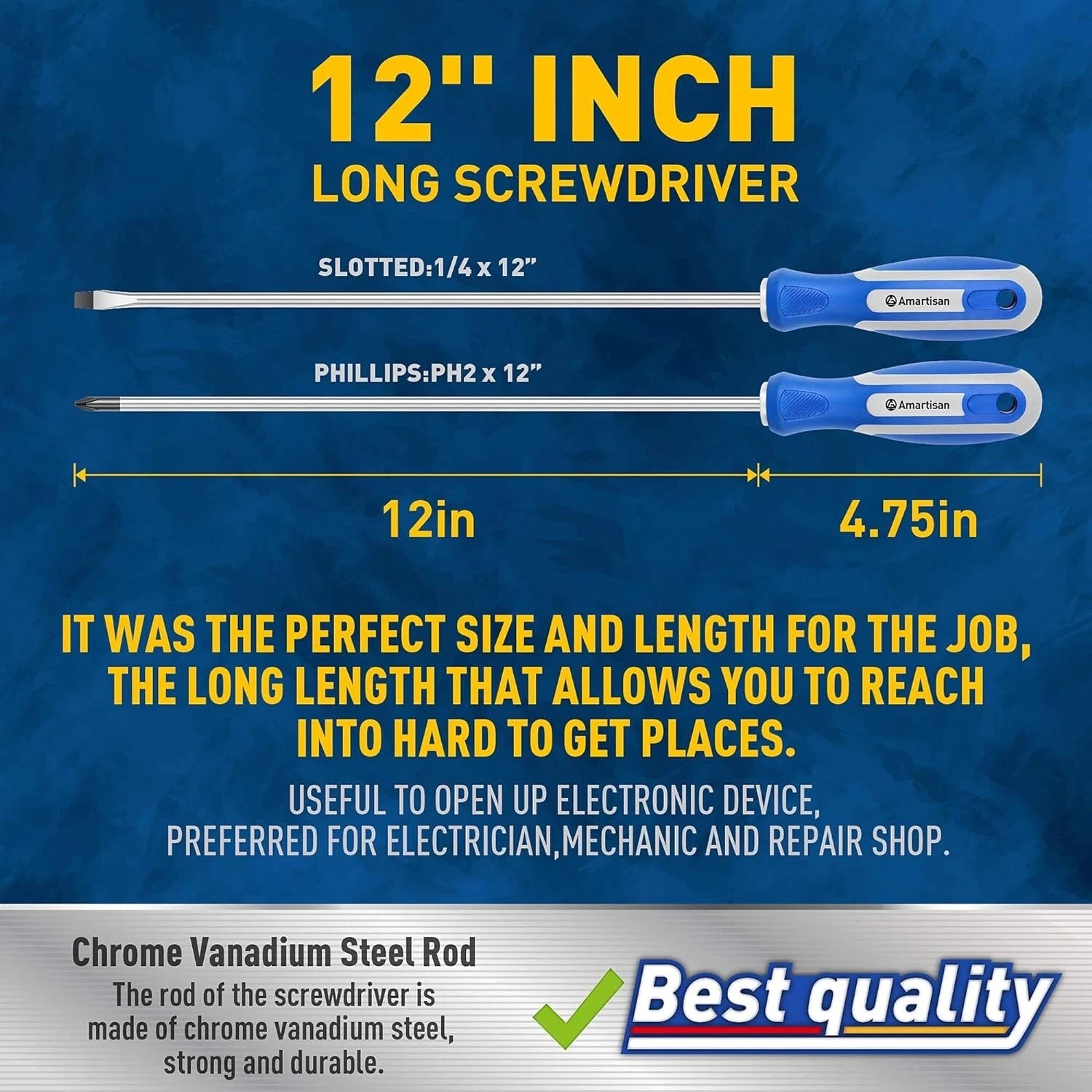 2-Pcs 12'' long Screwdriver Set, Long Blade Screwdriver Set 12-Inch