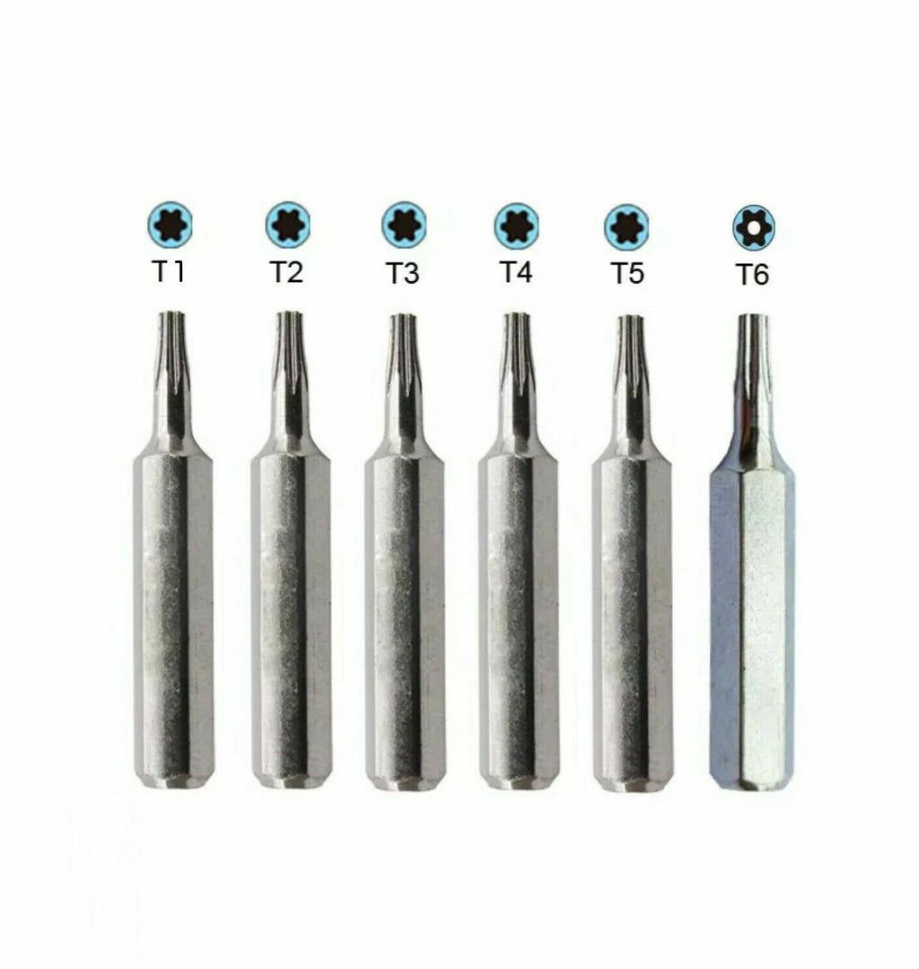 6X Torx Screwdriver Bit Set T1,T2, T3,T4, T5,TR6 (T6H Security) Repair Star TS6