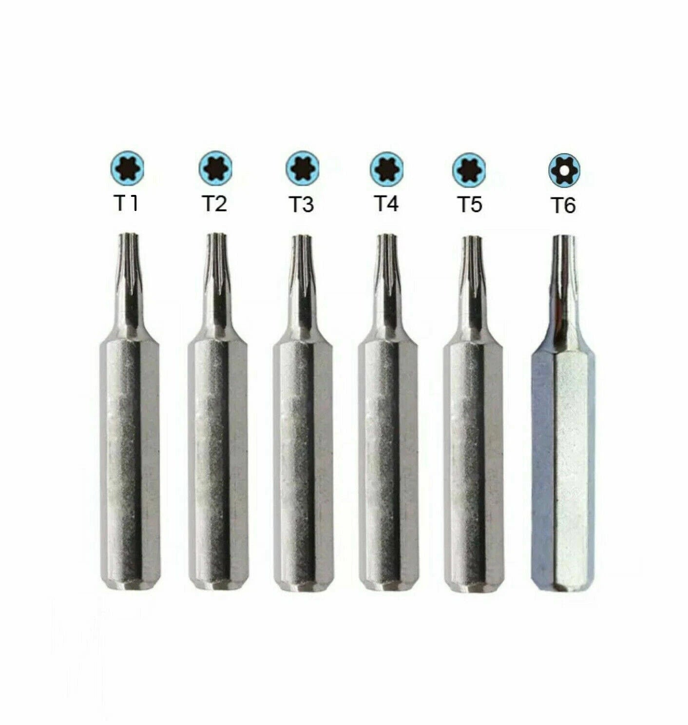 6X Torx Screwdriver Bit Set T1,T2, T3,T4, T5,TR6 (T6H Security) Repair Star TS6