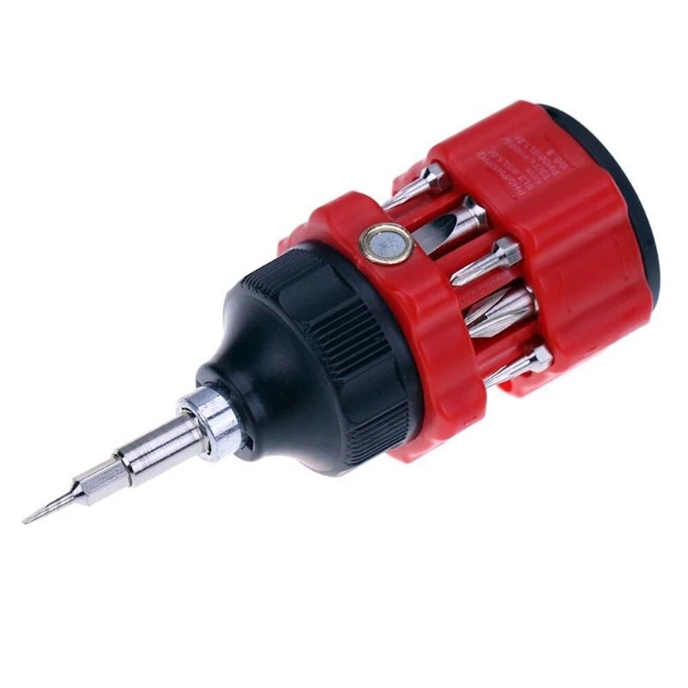 12-in-1 Ratcheting Compact Multi-Bit Short Stubby Screwdriver Set, Red