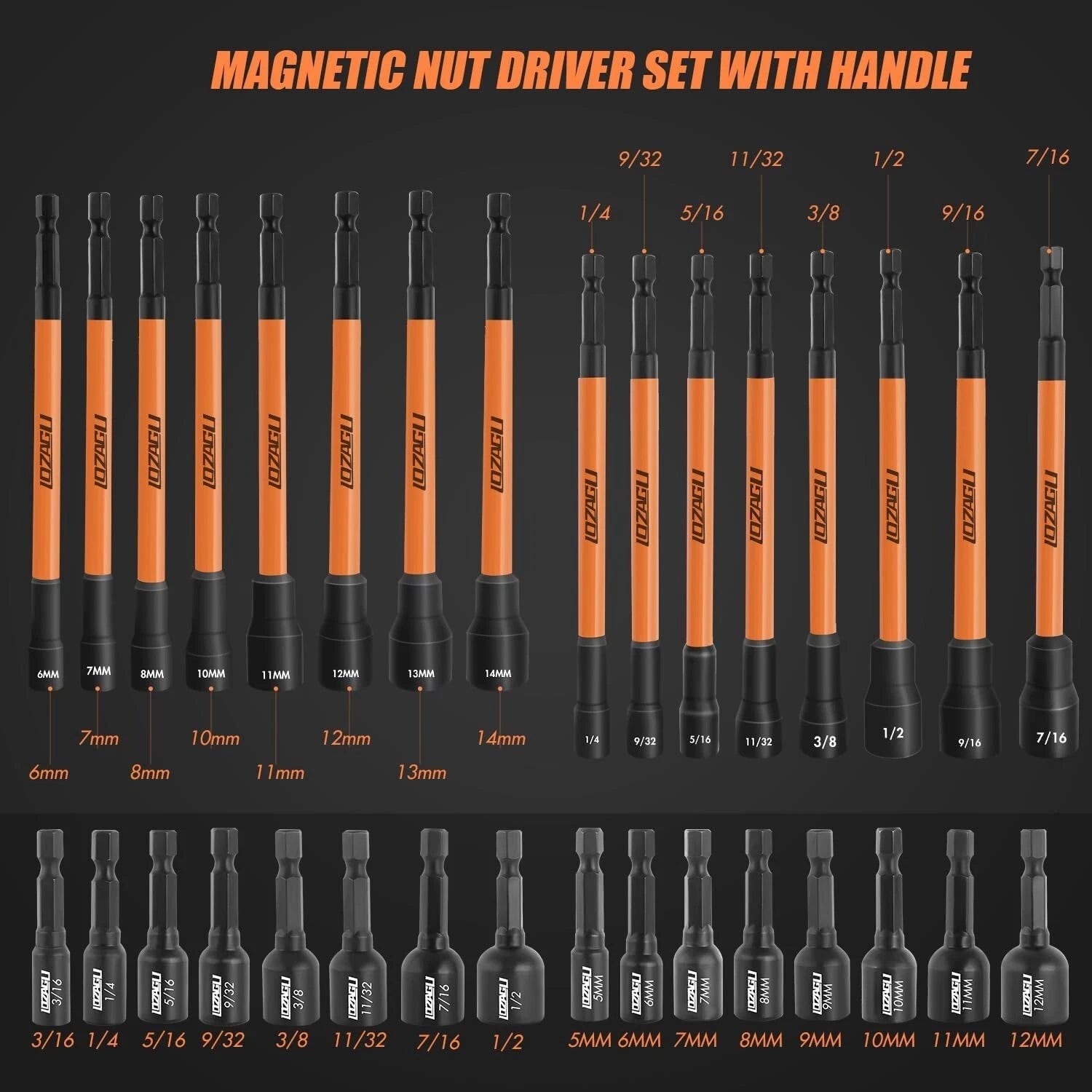33PCS Magnetic Nut Driver Set with Handle 6 Inch Long Nut Driver Set SAE&Metric