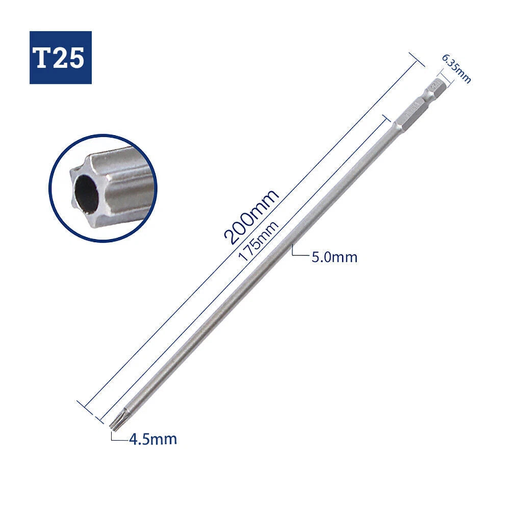 65-200mm Extra Long Torx Hollow/Solid Magnetic Drill Bit 1/4" Hex Shank Security