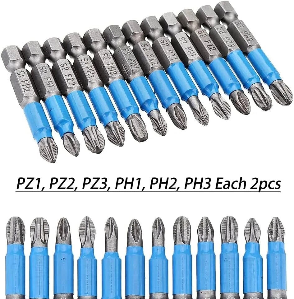12Pcs Magnetic Phillips Pozidriv Screwdriver Bit Set 1/4 Inch Hex Shank Phillips