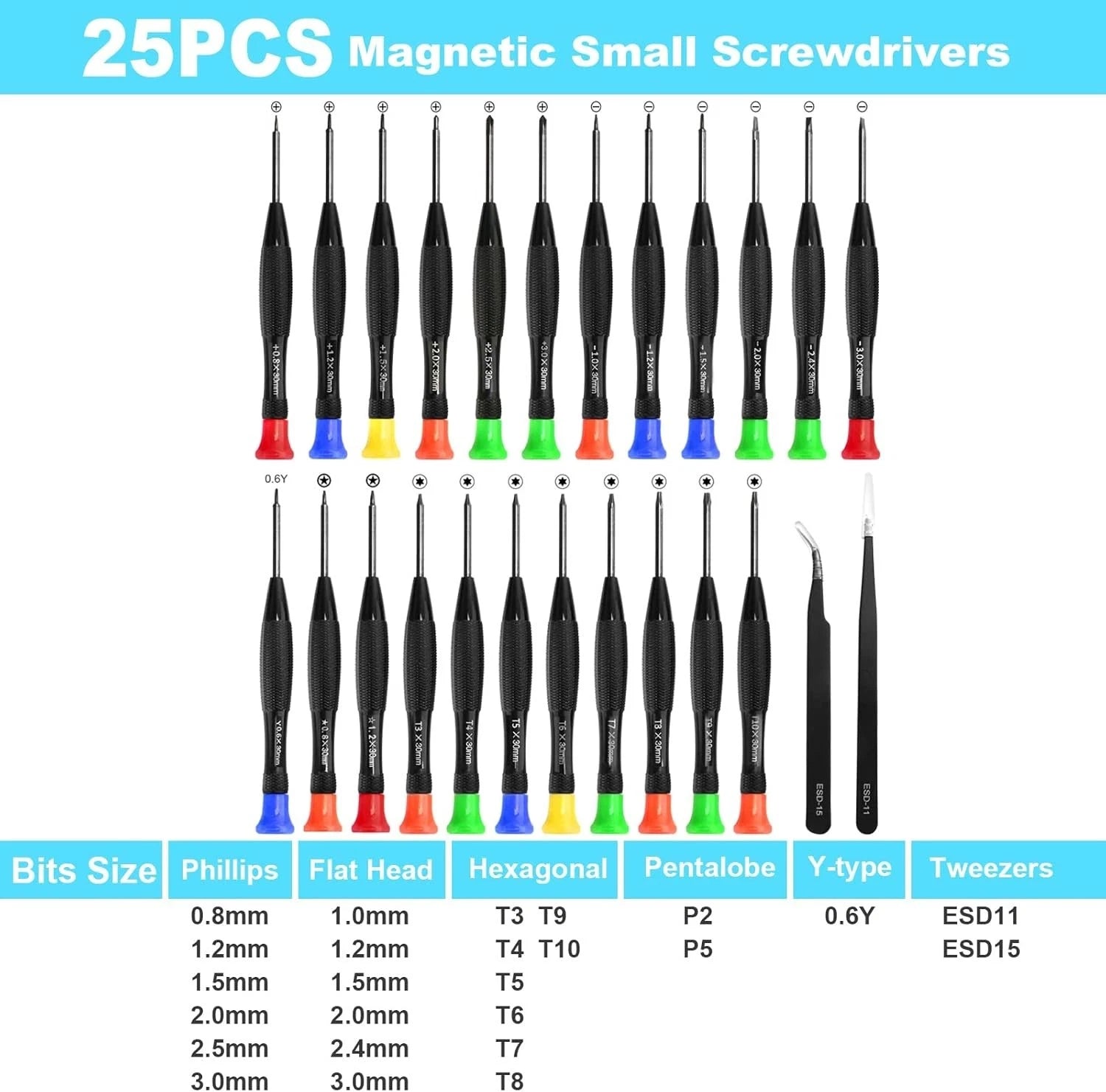 25 PCS Precision Screwdriver Magnetic Torx Flathead Phillips Star ESD Tweezers