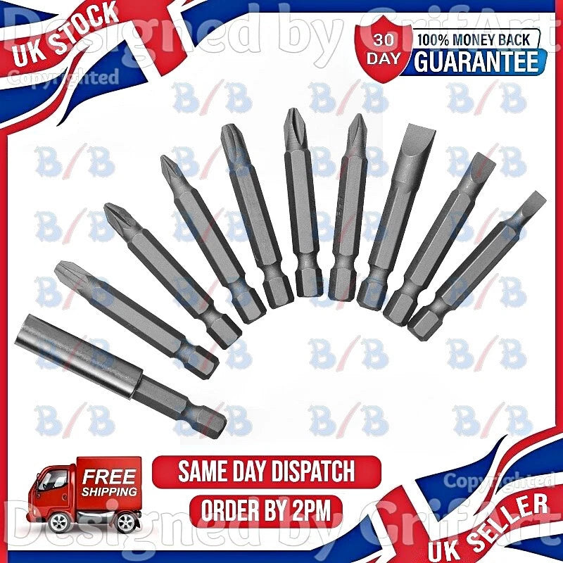 10 SCREWDRIVER DRILL BIT CORDLESS POWER POZI PHILIPS SLOTTED SET MAGNETIC HOLDER