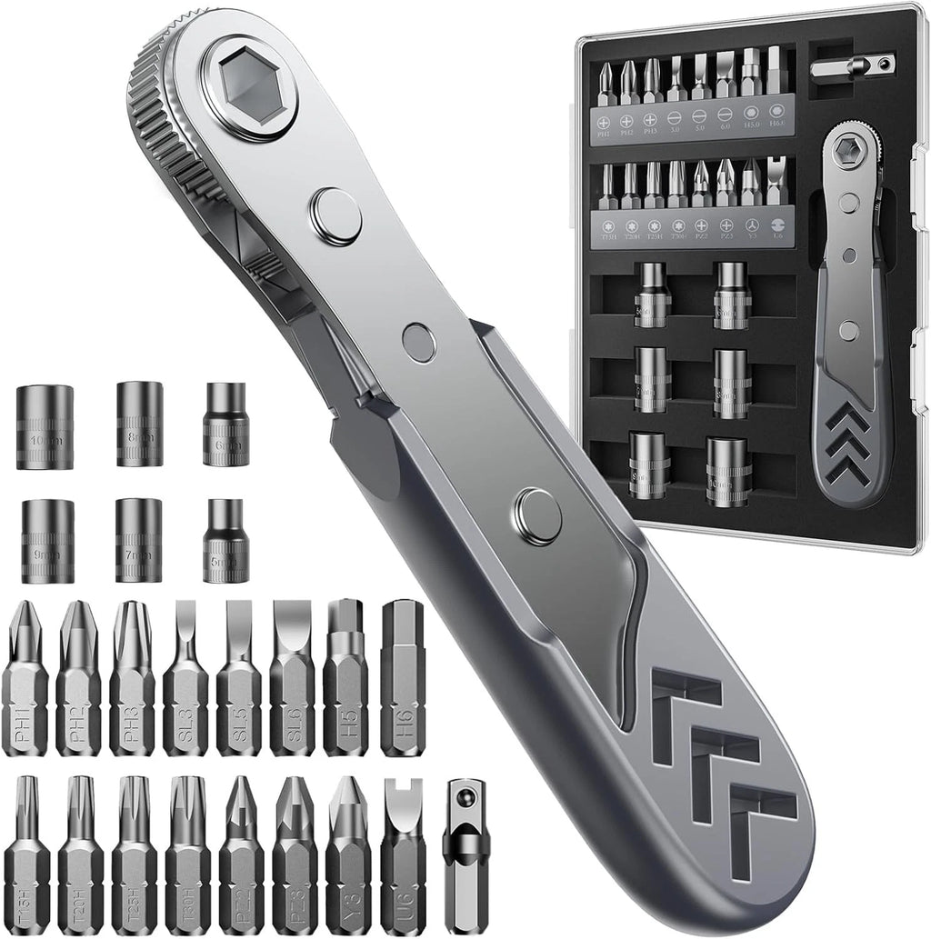 AXTH 23-in-1 Right Angle Ratcheting Screwdriver Set, [Bearing Steel] Gray
