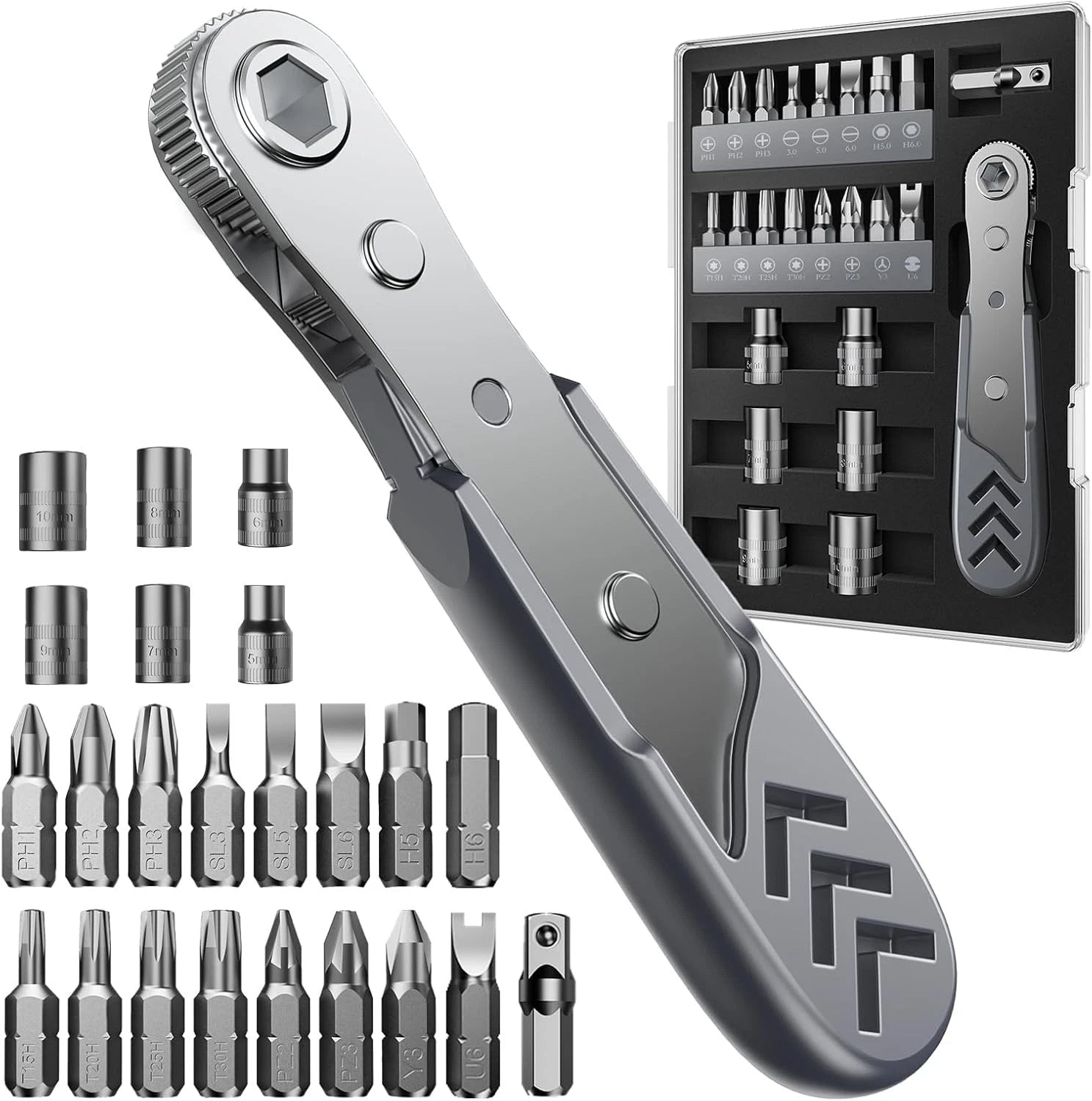 AXTH 23-in-1 Right Angle Ratcheting Screwdriver Set, [Bearing Steel] Gray