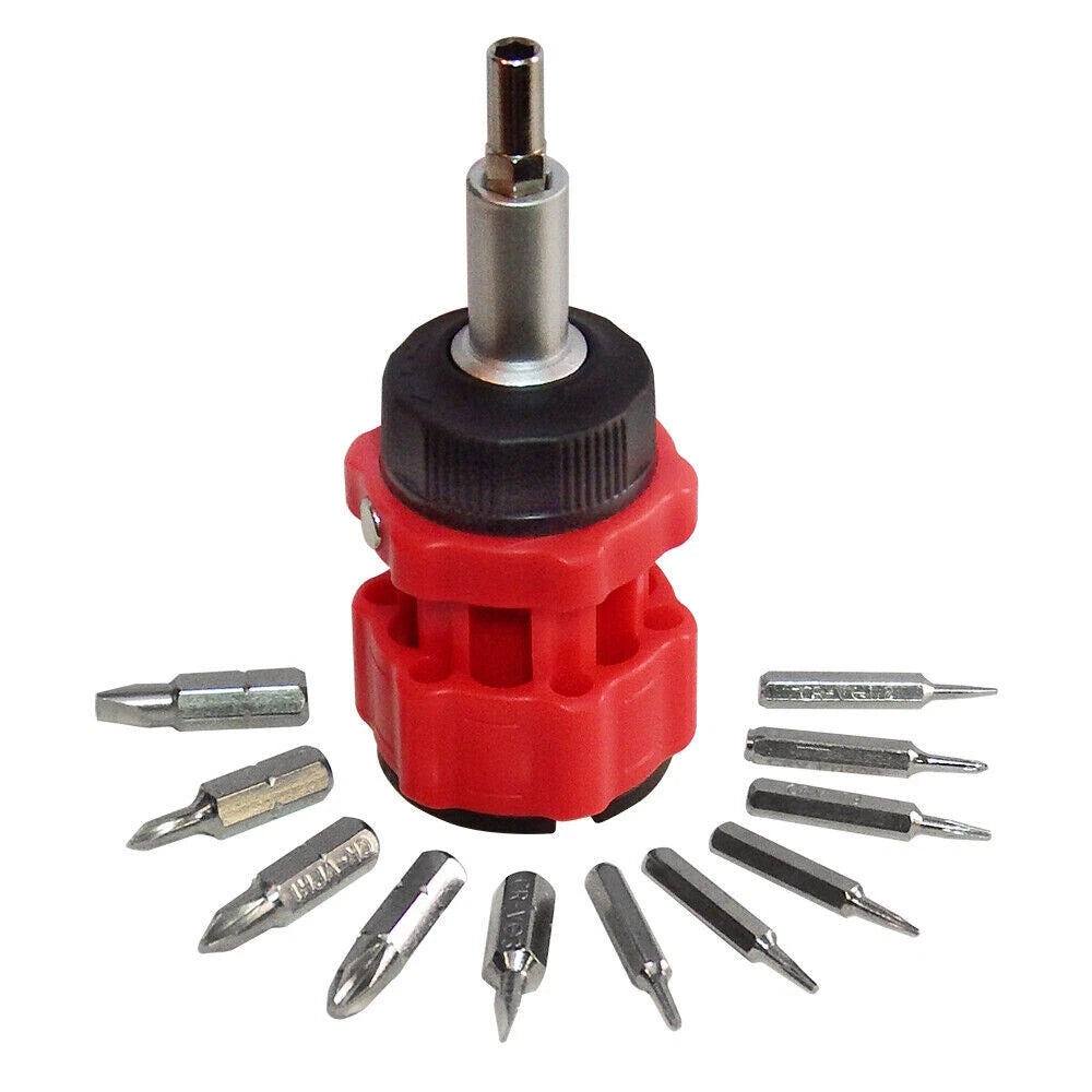 12-in-1 Ratcheting Compact Multi-Bit Short Stubby Screwdriver Set, Red