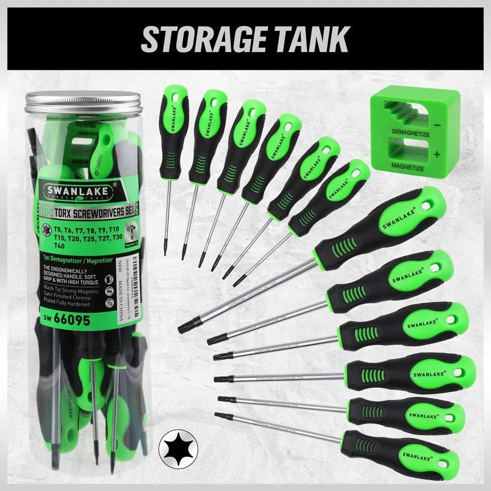 SWANLAKE Magnetic Torx Screwdriver Set - 13 Pieces - T5 to T40 Star Black