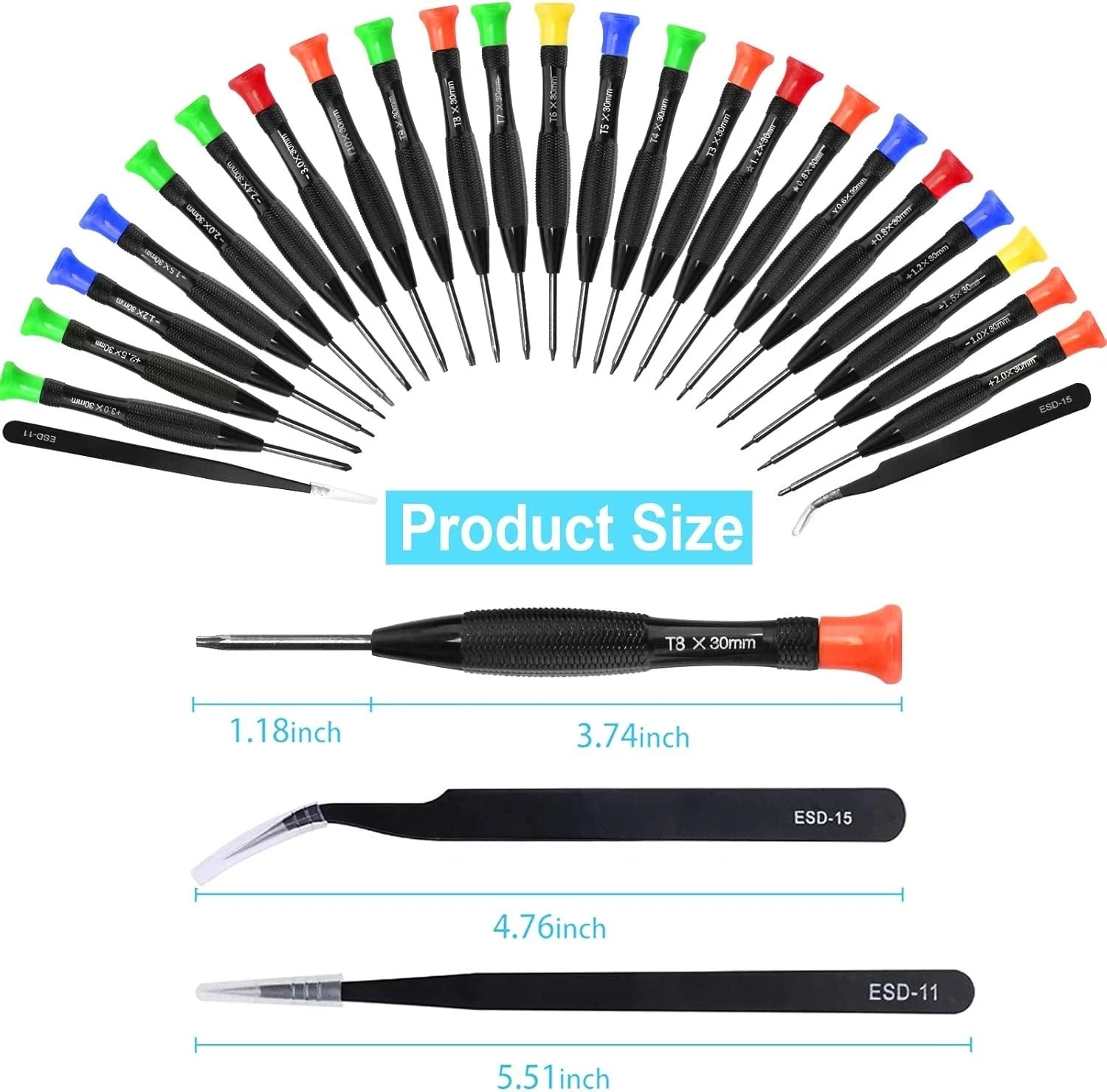 25 PCS Precision Screwdriver Magnetic Torx Flathead Phillips Star ESD Tweezers