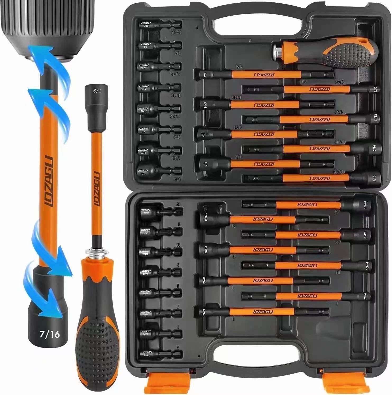 33PCS Magnetic Nut Driver Set with Handle 6 Inch Long Nut Driver Set SAE&Metric