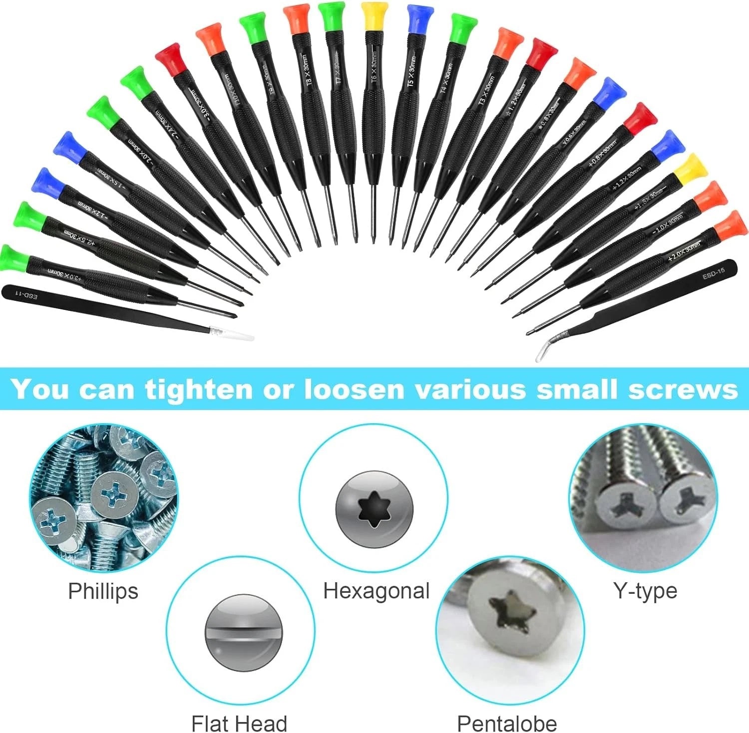25 PCS Precision Screwdriver Magnetic Torx Flathead Phillips Star ESD Tweezers