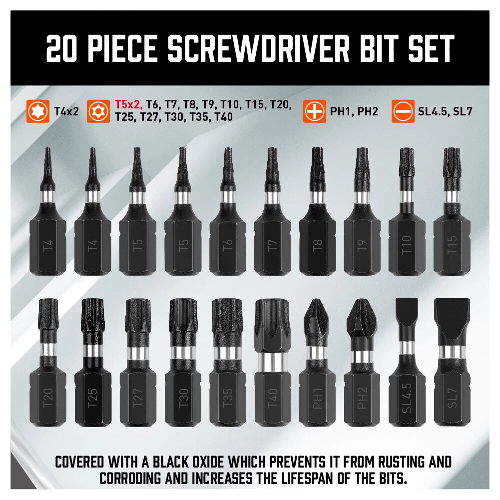 20pc Security Torx Bit Set TamperProof Star Impact Grade S2 T4-T40 PH1,2 SL4.5,7