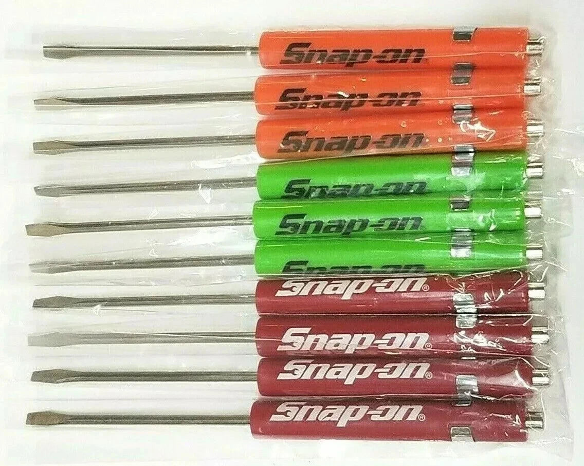 (10) Ten SNAP ON Pocket Screwdriver Flat Tip Screwdrivers, Magnet End, Mixed NEW