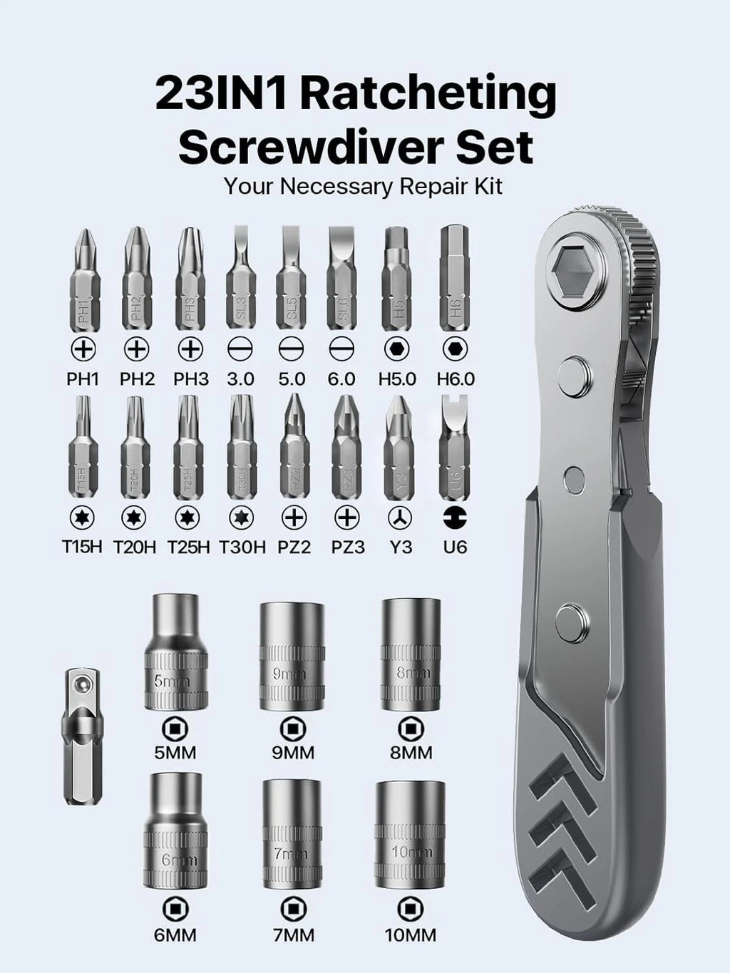 AXTH 23-in-1 Right Angle Ratcheting Screwdriver Set, [Bearing Steel] Gray