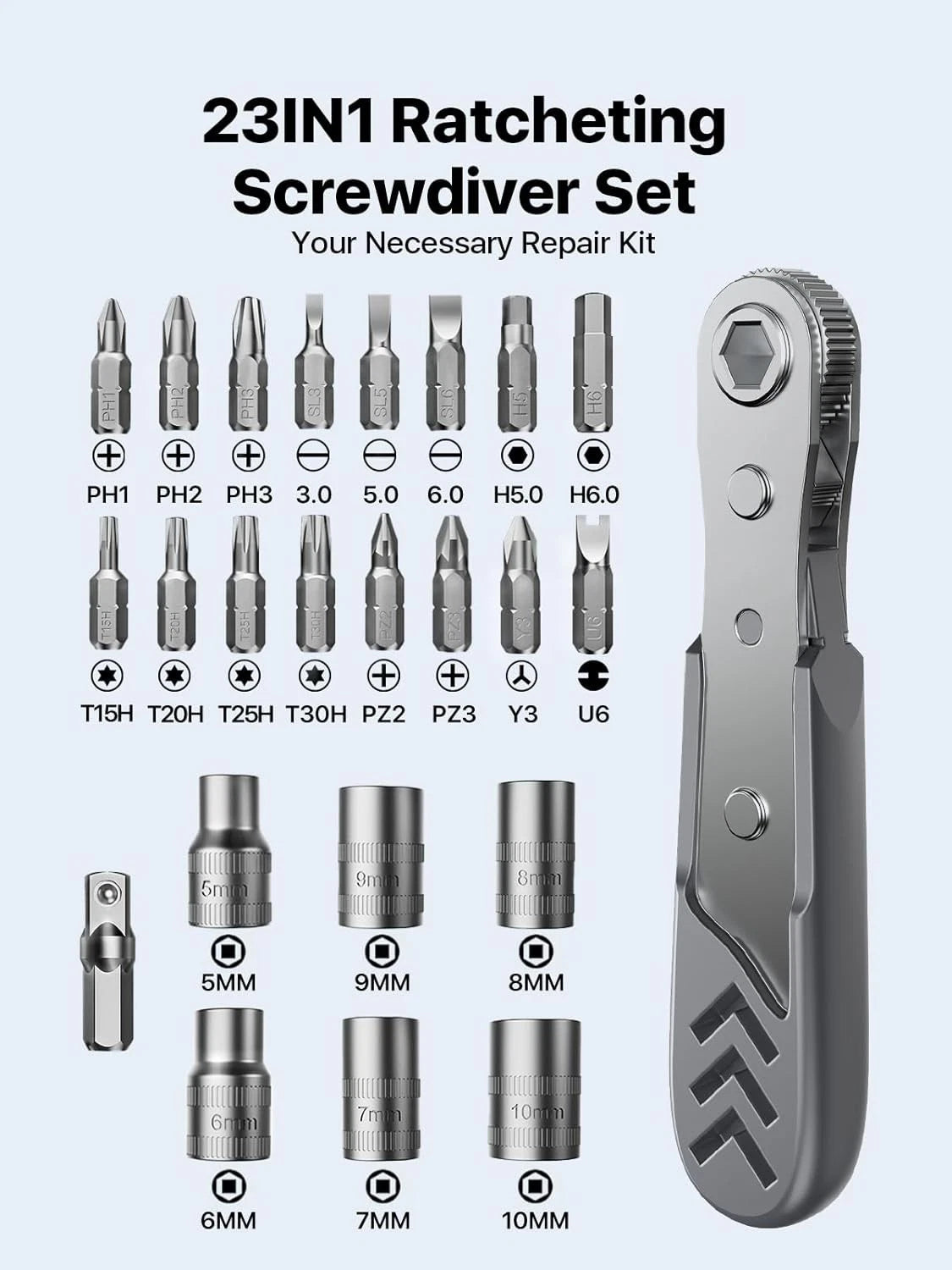 AXTH 23-in-1 Right Angle Ratcheting Screwdriver Set, [Bearing Steel] Gray