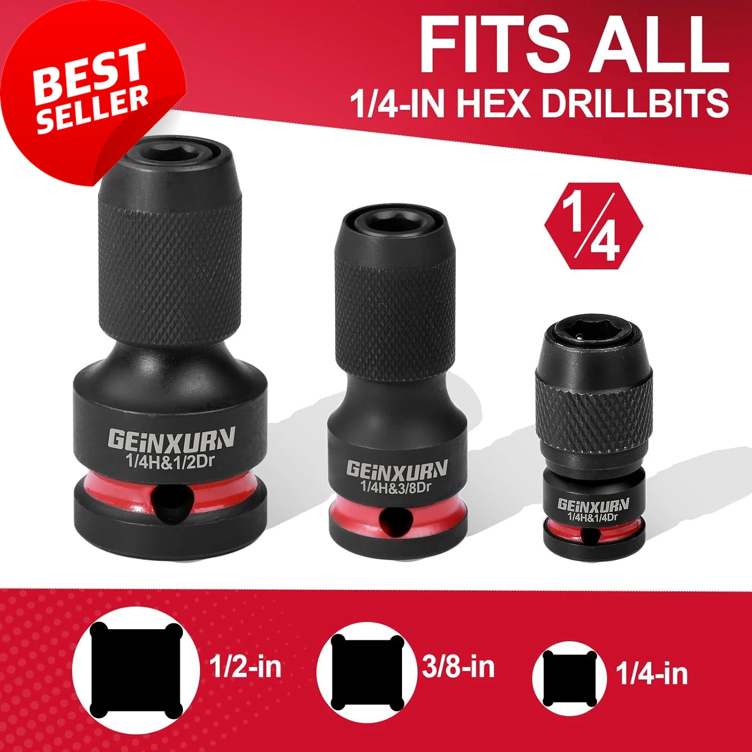 3PCS Impact Screwdriver Bit Holders,1/2",3/8",1/4"Square Drive 1/4"Hex Adapter