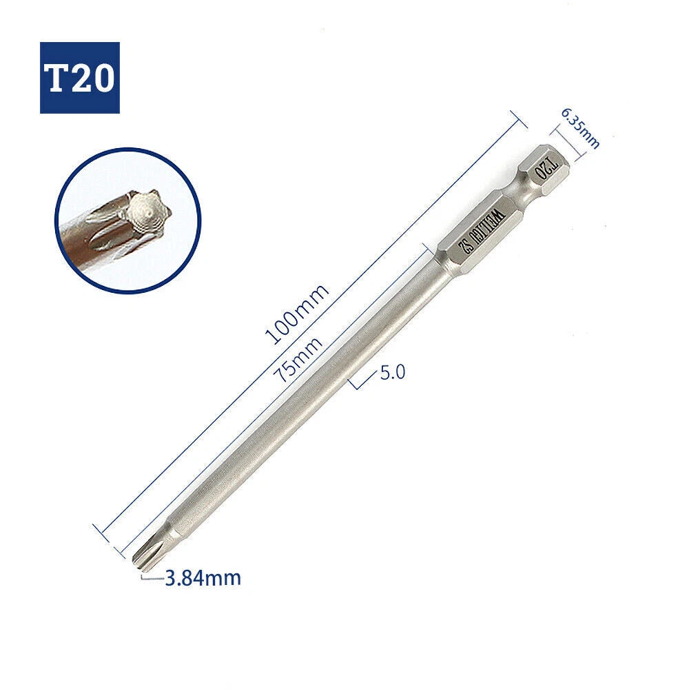 65-200mm Extra Long Torx Hollow/Solid Magnetic Drill Bit 1/4" Hex Shank Security