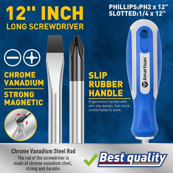 2-Pcs 12'' long Screwdriver Set, Long Blade Screwdriver Set 12-Inch