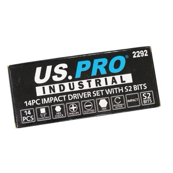 US PRO Industrial Impact Driver Set 14pc With S2 Bits 1/2" Square DR Hex 2292