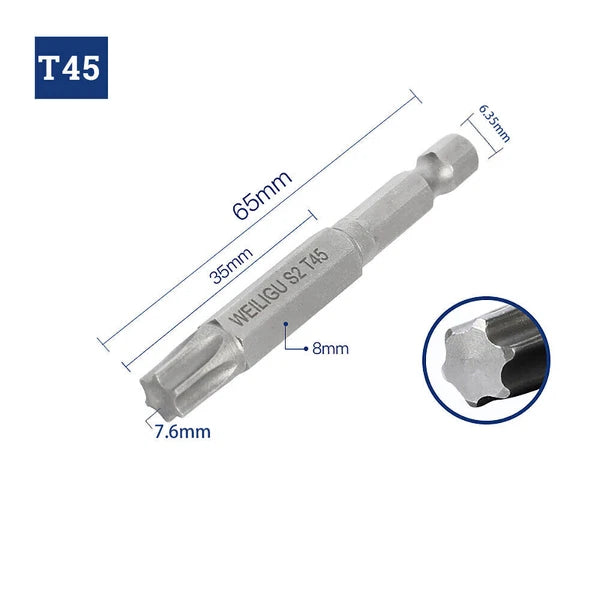 65-200mm Extra Long Torx Hollow/Solid Magnetic Drill Bit 1/4" Hex Shank Security