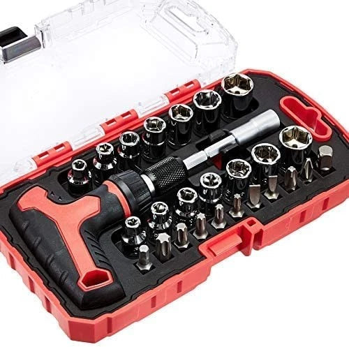 Amazon Basics Ratchet Wrench and Driver Set Magnetic T-Handle 27 Pieces