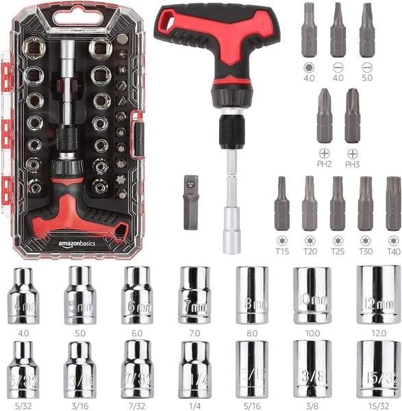 Amazon Basics Ratchet Wrench and Driver Set Magnetic T-Handle 27 Pieces