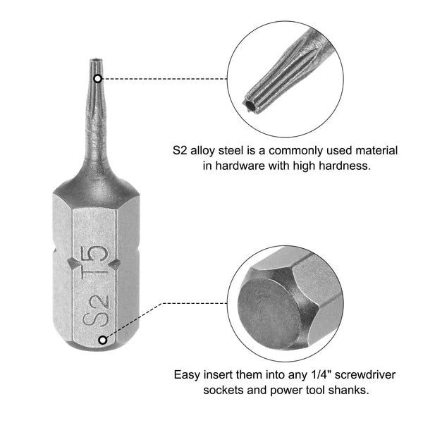 10pcs Torx Bits 1/4" Magnetic Screwdriver T5 Screw Driver Bit S2 Alloy Steel