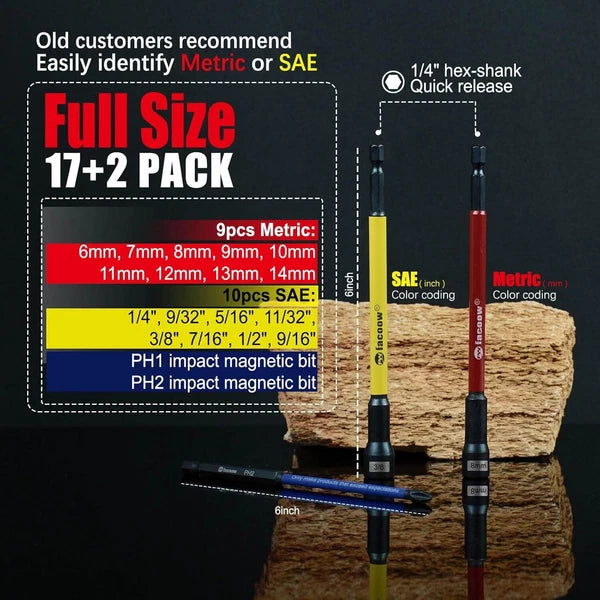 19 Pcs | Magnetic Nut Driver Set for Impact Drill, with Metric & SAE Including