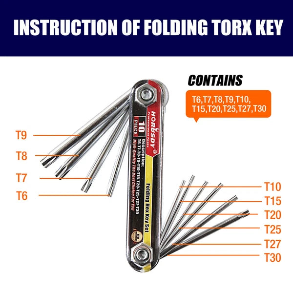 10 PC Folding Locking Torx Hex Key Allen Wrench Driver Set Tamper Resistant
